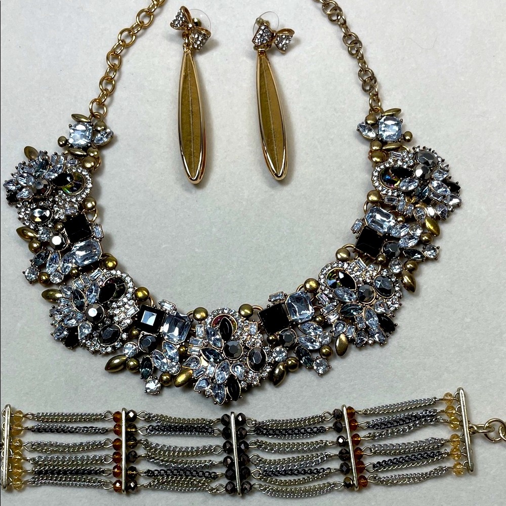 Aldo Gold Black Statement Necklace Bow Earrings, Bracelet Jewelry Bundle